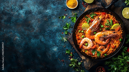 Traditional Spanish Seafood Paella with Succulent Shrimp and Saffron Rice.