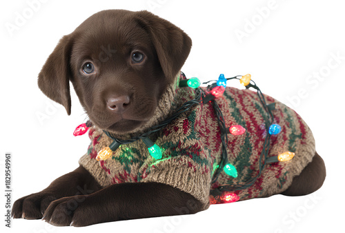 Adorable chocolate labrador puppy wearing knitted sweater tangled in colorful christmas lights on transparent background