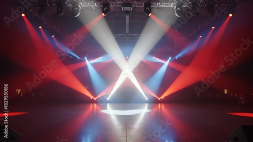 Powerful crisscrossing beams of intensely colored red, white, and blue stage lighting sweeping across a darkened event venue floor tech, white, glow