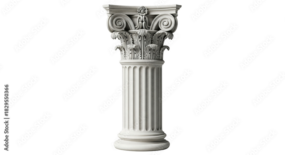 Naklejka premium classical architectural column featuring a fluted shaft and ornate Corinthian capital, isolated on a transparent background. Ideal for architecture, history, ancient design, classical art