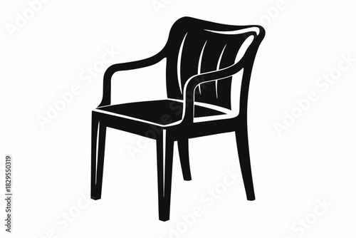 Monochrome illustration shows a simplistic black chair with armrests and a curved back
