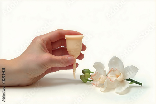 Woman hand holding reusable silicone menstrual cup next to white orchid flower, eco friendly feminine hygiene product concept isolated on white background, period care and women health.