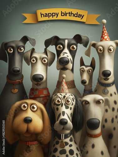 Funny birthday card, cartoon dogs with big eyes and party hats with greeting banner.