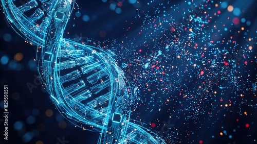 Illuminated dna strand with circuit board pattern and floating particles on a dark blue background