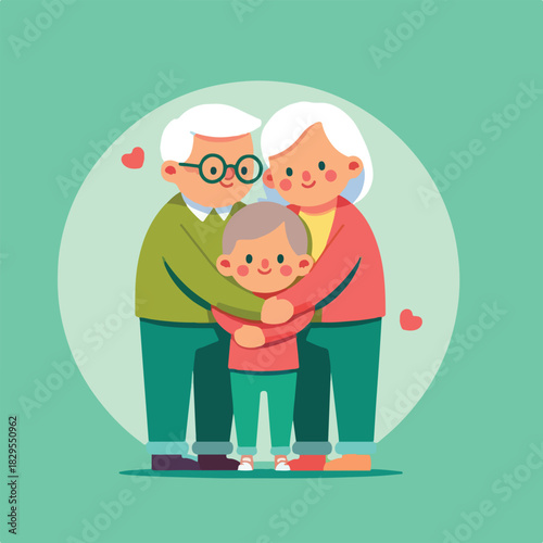 Happy Grandparents Hugging Grandchild Flat Vector