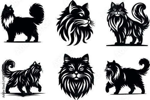 Premium Siberian cat silhouette set showcasing iconic cat poses for art and design.