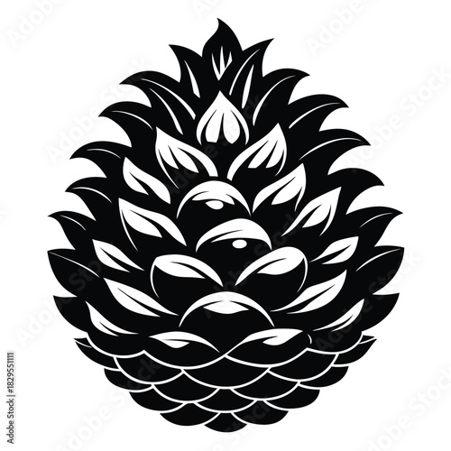 A symmetrical black and white pine cone is displayed in a simplistic style