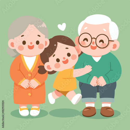 Happy Grandparents Hugging Grandchild Flat Vector