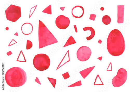 水彩絵の具を使って手描きで描いた赤色の幾何学アナログ素材