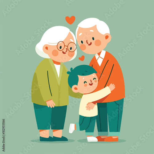 Happy Grandparents Hugging Grandchild Flat Vector
