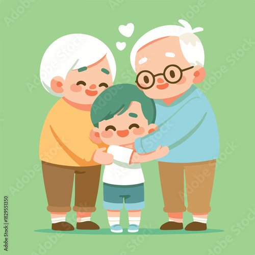 Happy Grandparents Hugging Grandchild Flat Vector