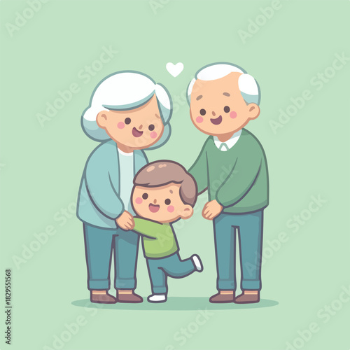 Happy Grandparents Hugging Grandchild Flat Vector