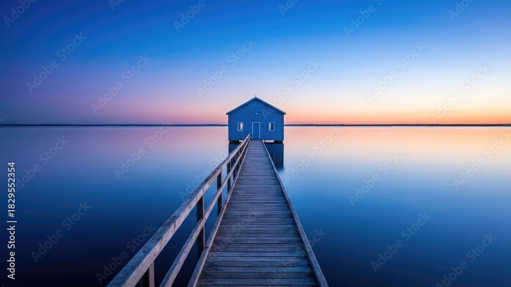 Fototapeta premium A blue building on water with a wooden walkway leading to it under a gradient sky at dusk or dawn