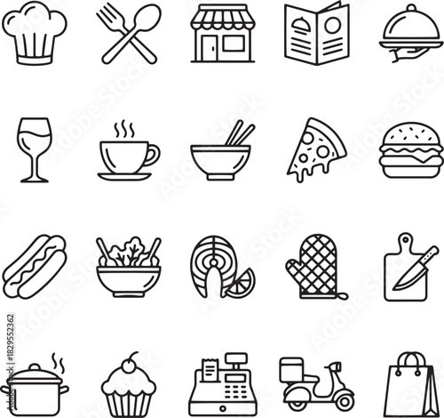 Collection of hand-drawn food and restaurant icons

