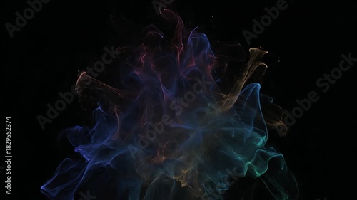Abstract Colorful Smoke Waves Flowing on Black Background.