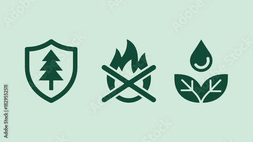 Three green icons depicting forest protection fire safety and water conservation on a light background