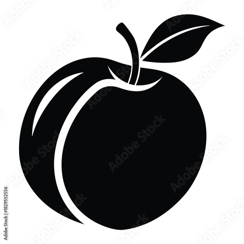 Monochrome fruit displays an apple with attached leaf and stem in pure black