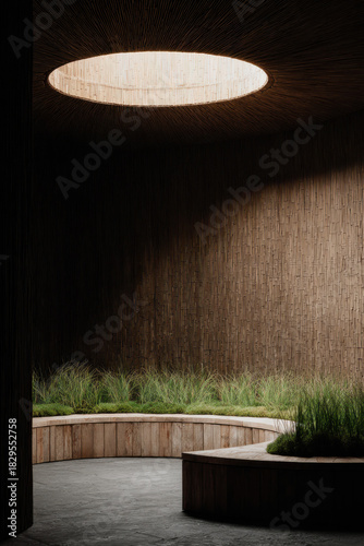 A tranquil indoor space showcases a circular skylight illuminating a lush moss garden