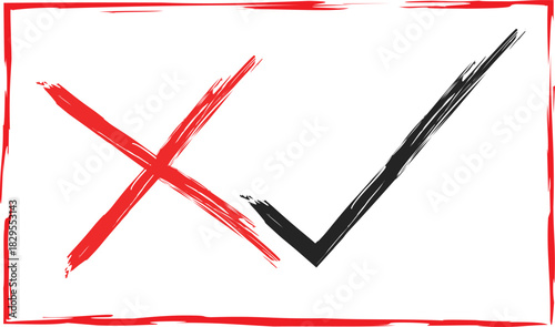 Hand drawn red cross and black tick mark with red border isolated on white background