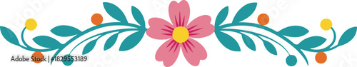 Pink Flower and Teal Leaves Floral Border illustration