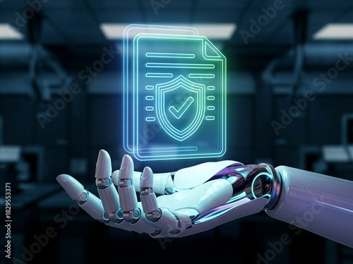 Digital Fortress: A robotic hand tenderly cradles a glowing icon of a secure document.