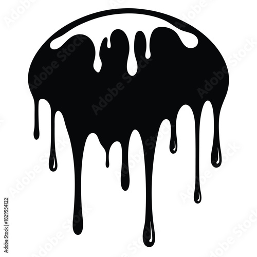 Black viscous liquid is dripping with an intense flow across an image