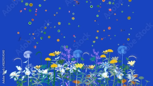3D animation of various flowers, plants, and pollen moving in the air. These trigger allergies in the spring season. Graphic style with flat colors on a blue background.