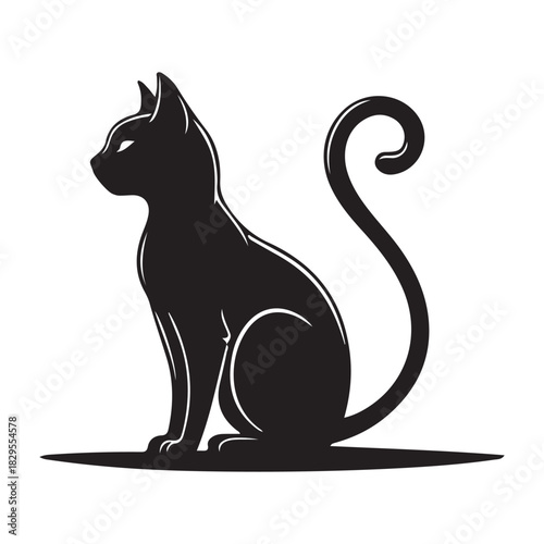 Sitting Cat Silhouette – Minimal Pet Vector with Curled Tail.