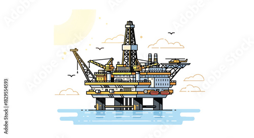 Offshore oil drilling platform in the ocean with industrial equipment