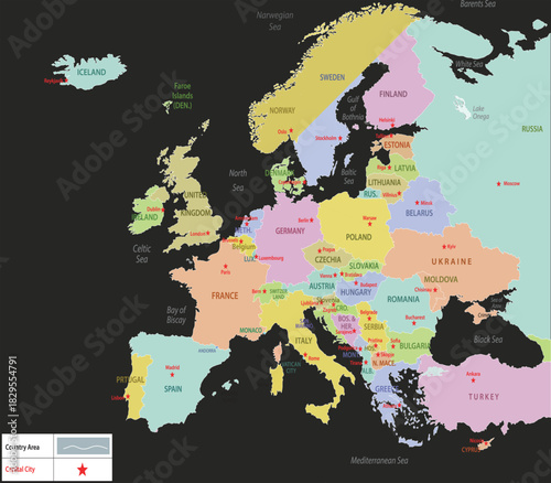 Colorful Europe map with country borders vector illustration