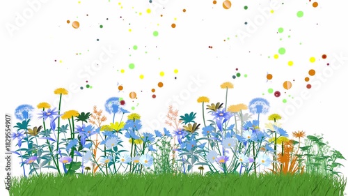 3D animation of flowers, plants, pollen, and dandelion seeds moving, triggering spring allergies. On a grassy lawn. Front view with bright colors on a white background.