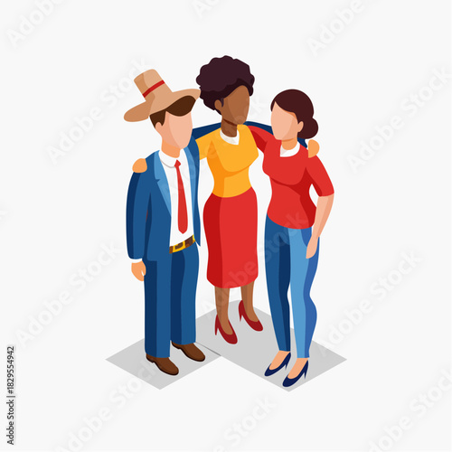 Scène stylisée de solidarité et de multiculturalité