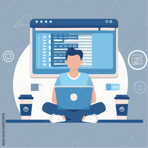 Personnage stylisé travaillant sur ordinateur en tant que développeur