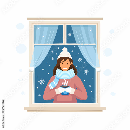 Personnage stylisé profitant de l’hiver avec chocolat chaud