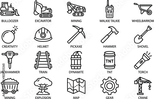 Construction, Mining, and Heavy Industry Outline Icons Set Bulldozer, Excavator, Dynamite, Helmet, Pickaxe, Jackhammer, Train Tracks, and Crane Vector Illustration.