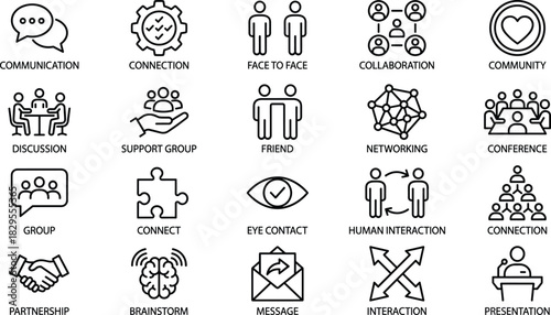 Communication, Teamwork, and Social Connection Outline Icons Set Collaboration, Networking, Partnership, Discussion, Presentation, and Human Interaction Vector Illustration.