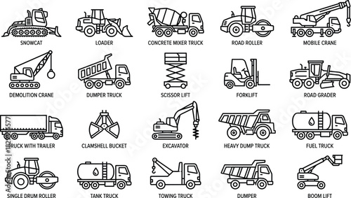 Heavy Machinery, Construction, and Transportation Outline Icons Set Excavator, Truck, Crane, Loader, Road Roller, Forklift, and Industrial Equipment Vector Illustration.