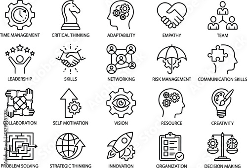 Soft Skills and Personal Development Outline Icons Set Leadership, Teamwork, Critical Thinking, Creativity, Adaptability, Networking, and Decision Making Vector Illustration.