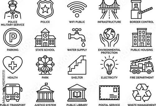Public Services, Government, and City Infrastructure Outline Icons Set Police, Health, Water Supply, Electricity, Transport, Fire Department, and Waste Management Vector Illustration.