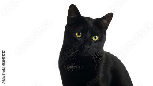 Close up portrait of a sleek black cat with piercing green eyes against a dark background looking at viewer