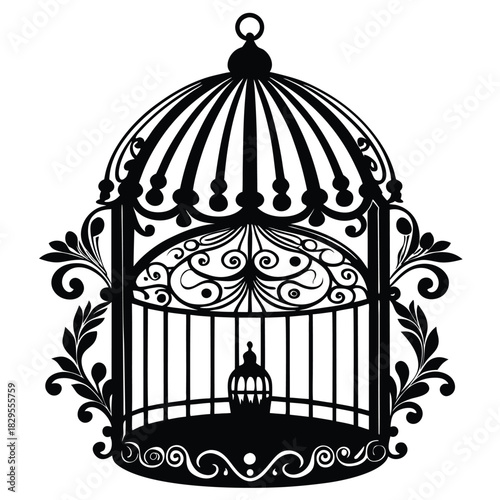 Intricate silhouette of a classic birdcage shows ornate detailing and floral accents around it