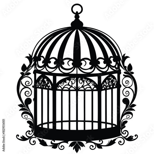 Elaborate vintage birdcage silhouette showcases ornate foliage accents around its curved and vertical bars