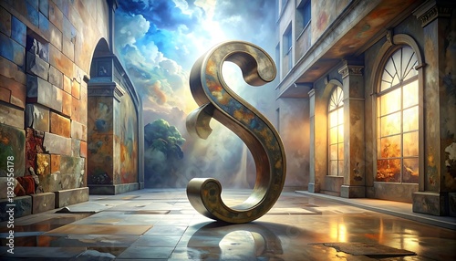 Ornate golden symbol casting a shadow on a cobblestone street, with cloudy sky above