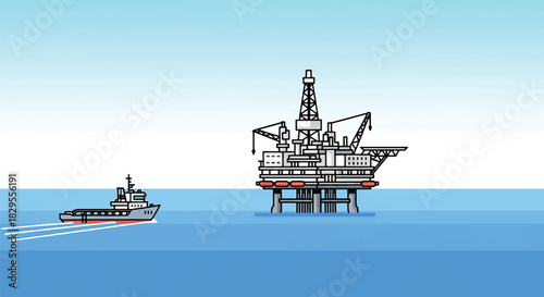 Offshore Oil Rig and Supply Ship in the Ocean