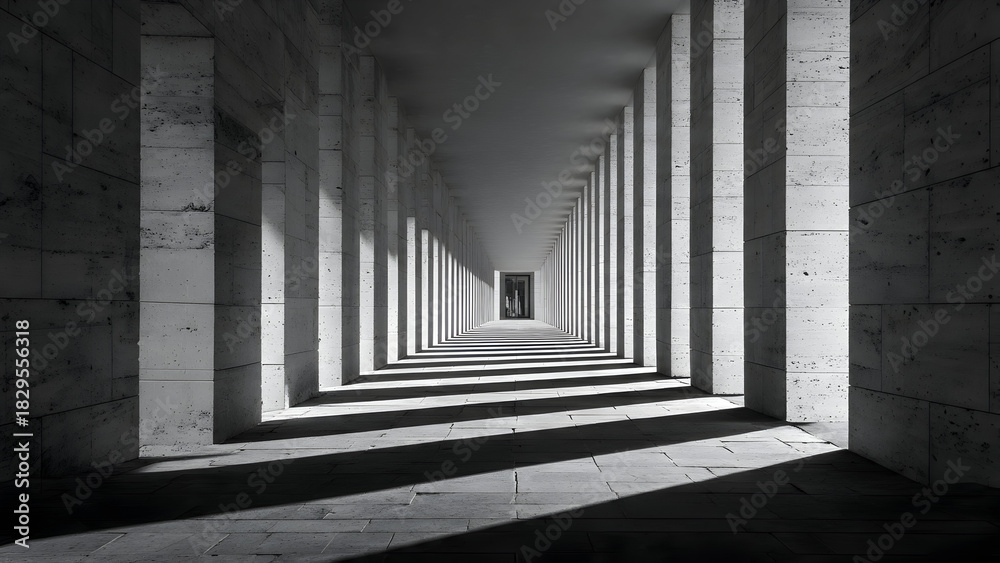 Fototapeta premium A narrow bright alley with repeated vertical elements casting delicate aligned shadows in a clean minimal rhythm