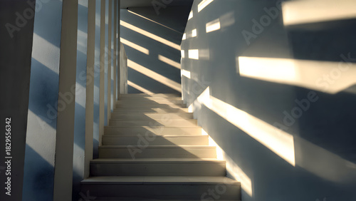 A narrow modern staircase with repeated rectangular shadows from overhead slats forming clean geometry