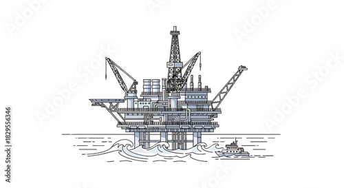 Offshore oil rig with supply boat in choppy water