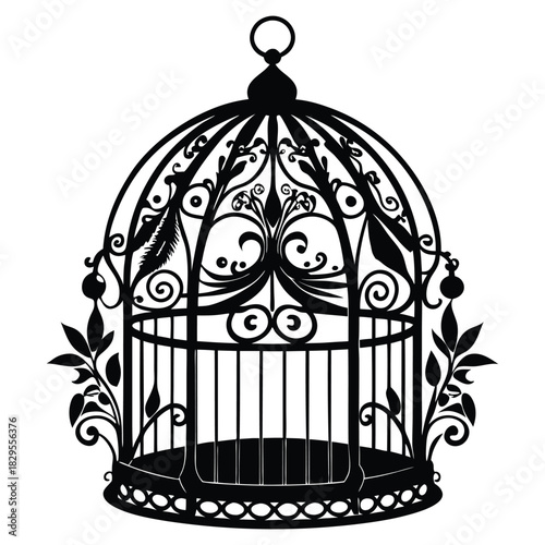 Intricate vintage birdcage silhouette showcases beautiful floral and feather ornamentation in a monochrome pattern