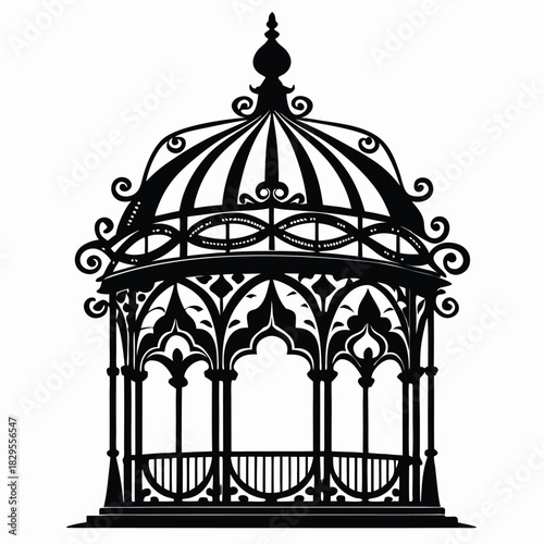 Intricate silhouette reveals a gazebo's ornate architectural framework, showcasing its roof details and decorative ironwork