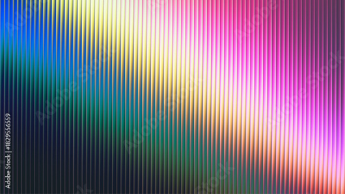 Shimmering ribbed glass surface with smooth radiant gradient. Nostalgic retro fractal glass gradient through narrow reflective grooves. Vertical glass fins illuminated by a vibrant multicolor gradient